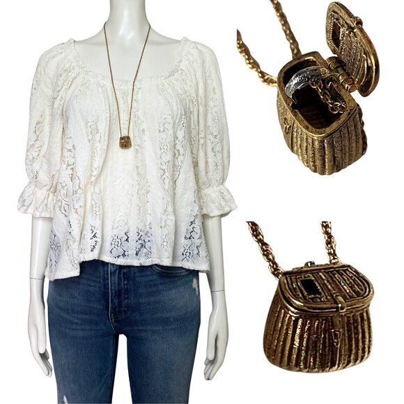 Vintage Jewelry - Vintage Signed MFA Gold Tone Basket & Hinged Fish Charm Necklace Cottagecore